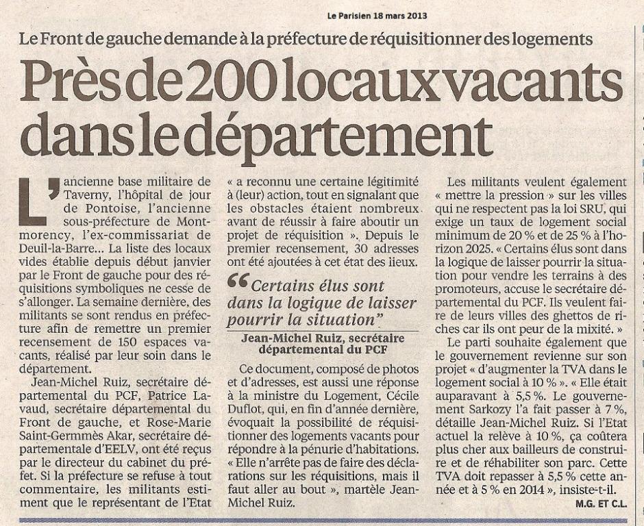 Près de 200 locaux vacants dans le départements, le Parisien 95 du 18 mars 2013