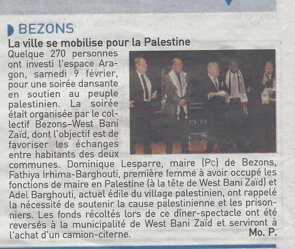 Bezons : la ville se mobilise pour la Palestine, l'Echo du 14/02/2013