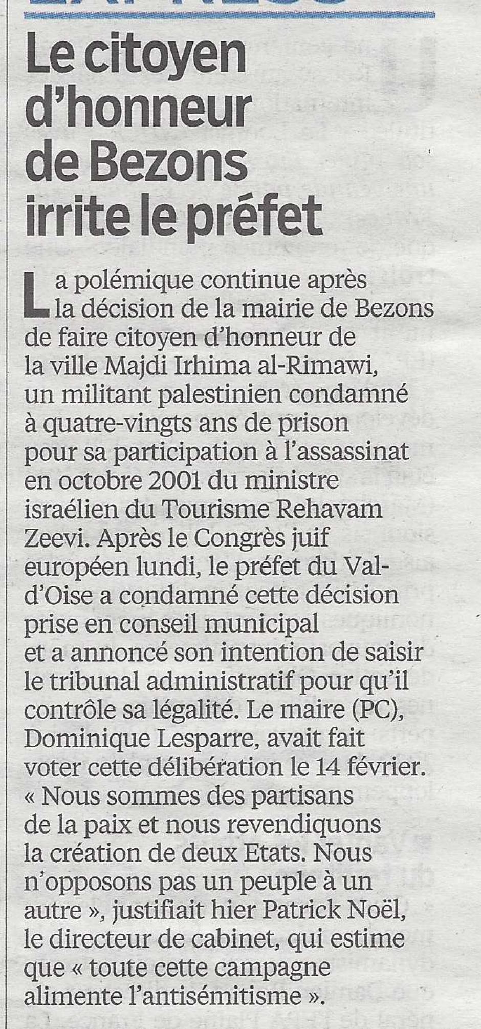 Le citoyen d'honneur de Bezons irrite le préfet, le Parisien 95 du 14 mars