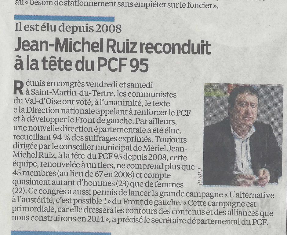 Jean-Michel RUIZ reconduit à la tête du PCF 95, le Parisien 95 du 04/02/2013