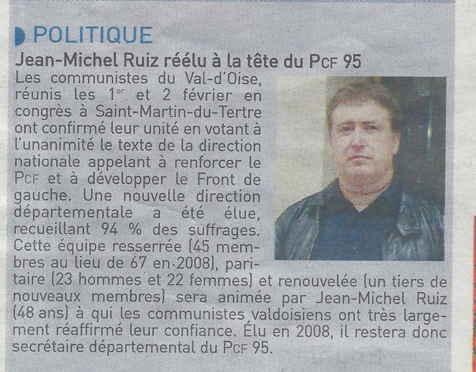 Jean-Michel RUIZ réélu à la tête du PCF 95, l'Echo du 07/02/2013