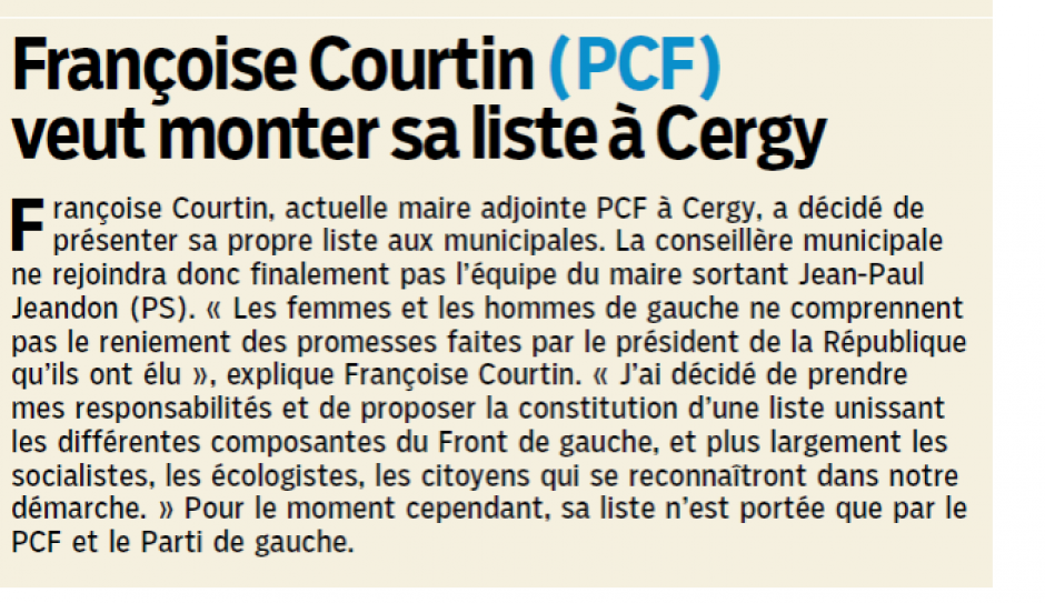 Françoise Courtin veut monter sa liste à Cergy, le Parisien 95 du 25 novembre 2013