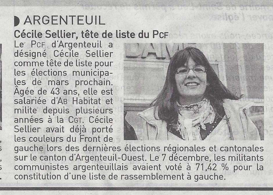 Argenteuil : Cécile Sellier tête de liste du PCF. L'Echo du 12/12/13
