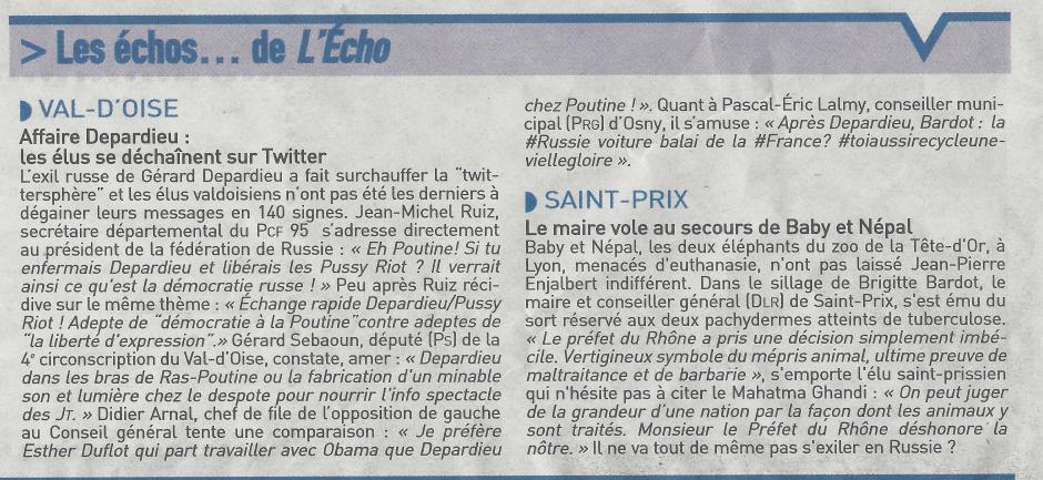 Affaire' Depardieu, les élus se déchaînent sur Twitter, l'Echo du 10/01/13