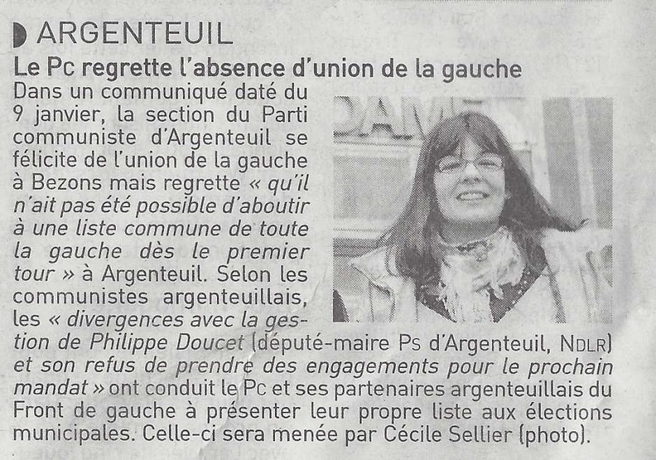 Argenteuil : le PC regrette l'absence d'union de la Gauche. L'Echo du 9 janvier