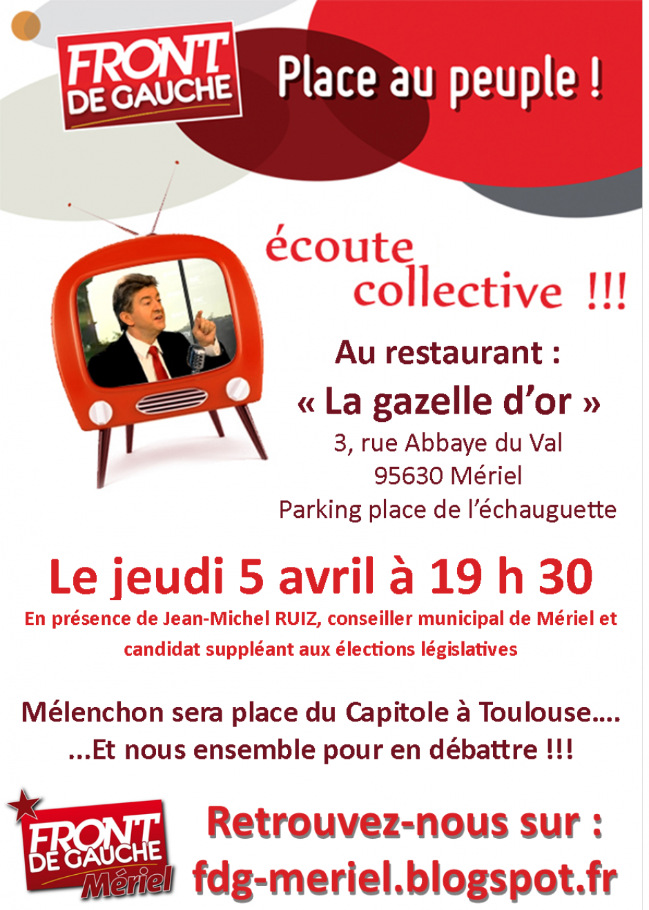  Ecoute collective du meeting de Toulouse, 5 avril à Mériel et à Cormeilles