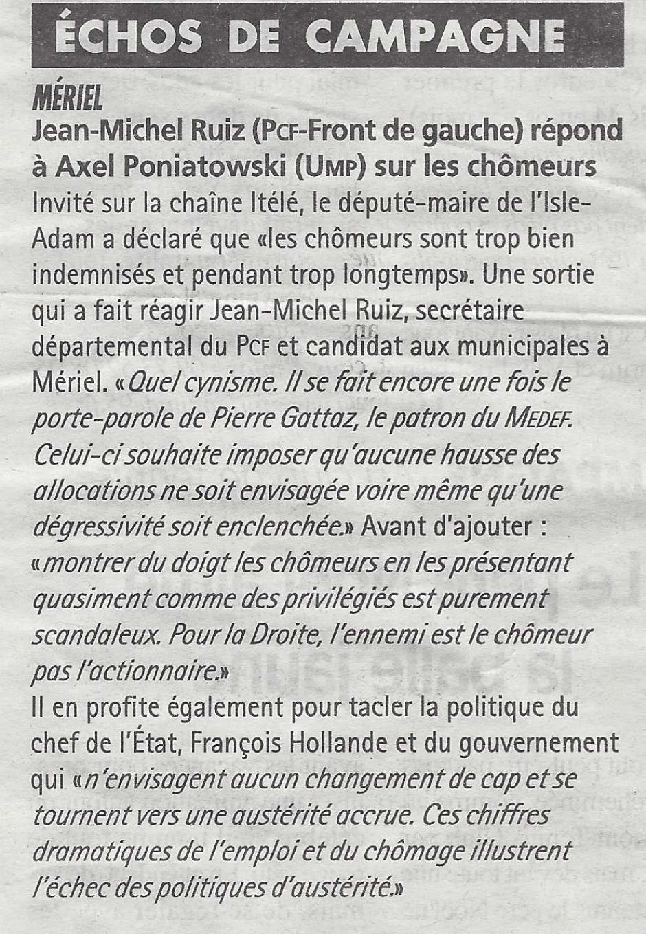 Mériel, Jean-Michel Ruiz (PCF-FdG) répond à Axel Poniatowski sur les chômeurs. La Gazette du 08/01/2014