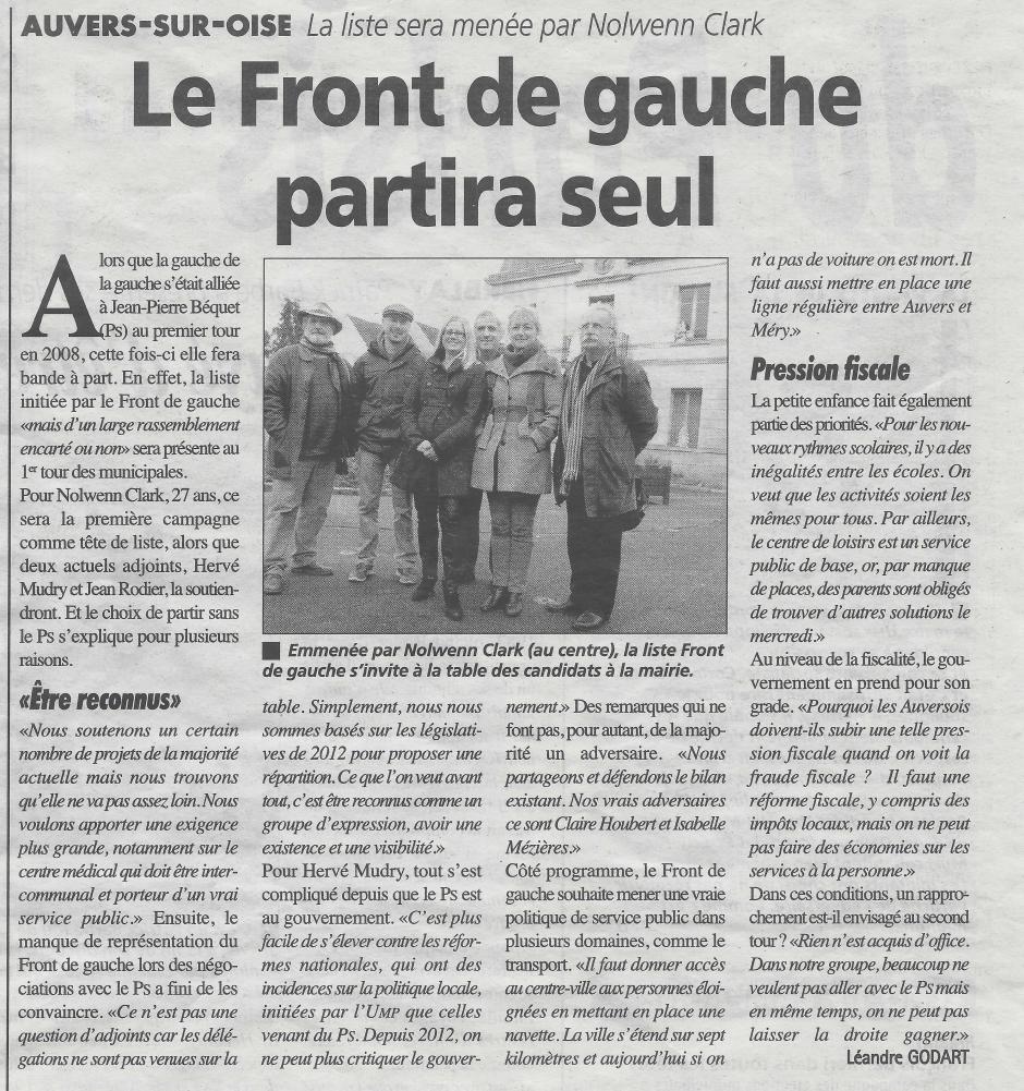 Auvers sur Oise : le Front de Gauche partira seul. La gazette du 15 janvier