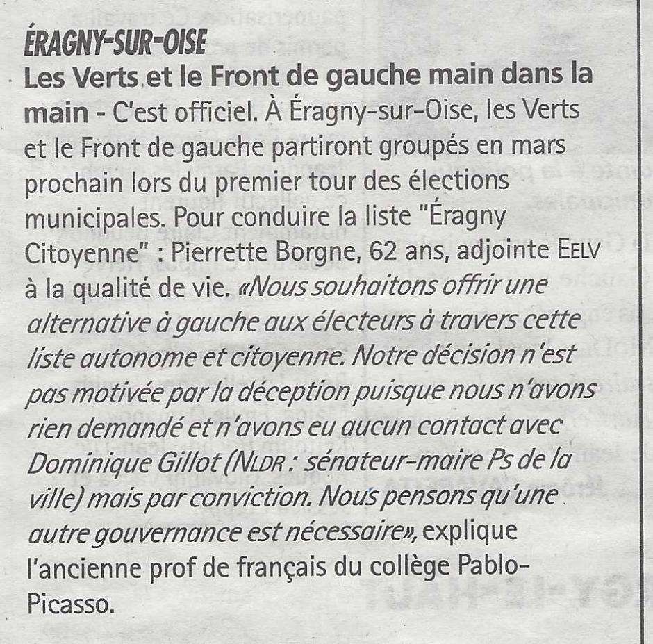 Eragny sur Oise : les Verts et le front de gauche main dans la main. La Gazette du 18 décembre 2013