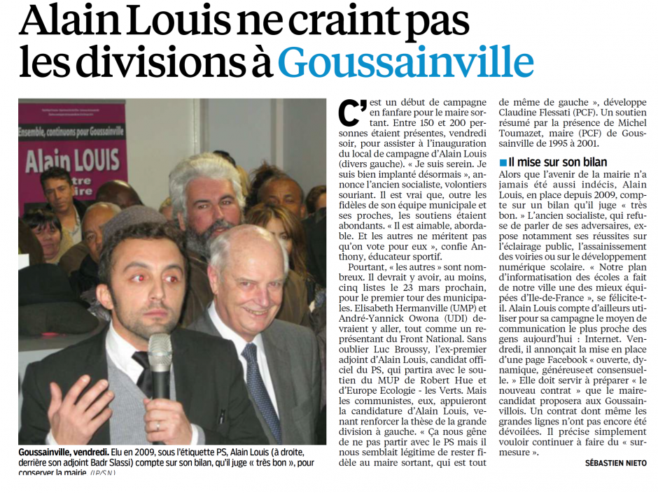 Alain Louis ne craint pas les divisions à Goussainville, le Parisien 95 du 10/12/13