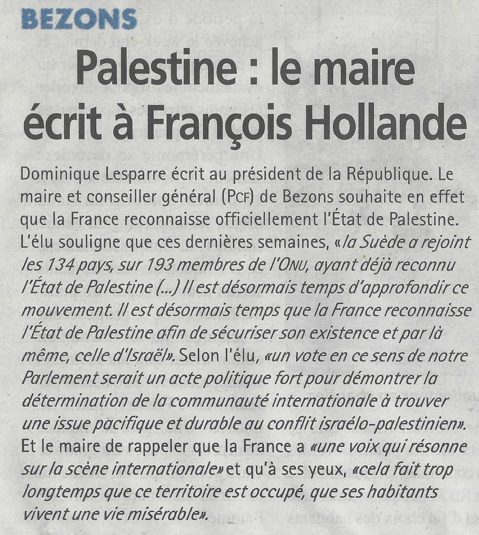La Gazette du 5 novembre, Dominique Lesparre écrit à François Hollande au sujet de la Palestine