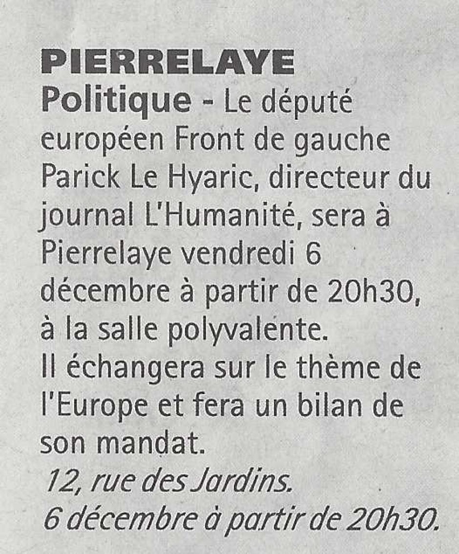  Patrick le Hyaric le 6 décembre à Pierrelaye. La Gazette du 04/12/13