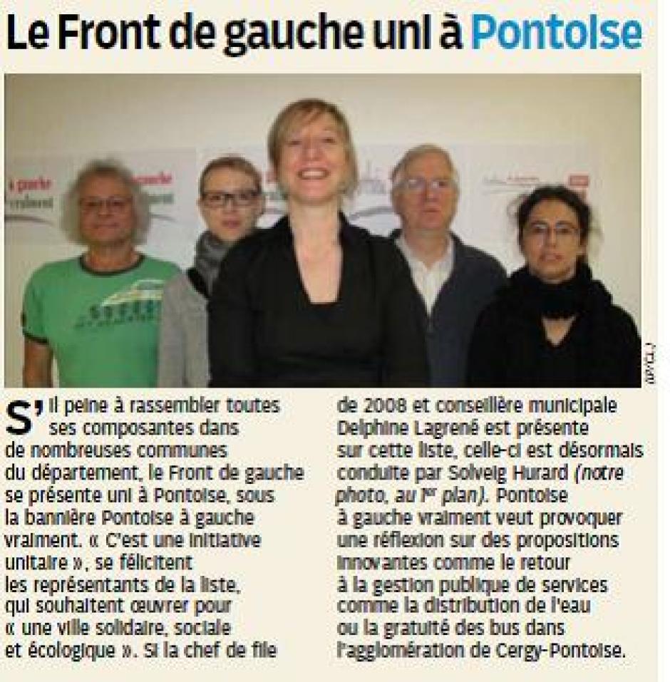 Municipales : une liste Front de Gauche à Pontoise, le Parisien du 29 janvier