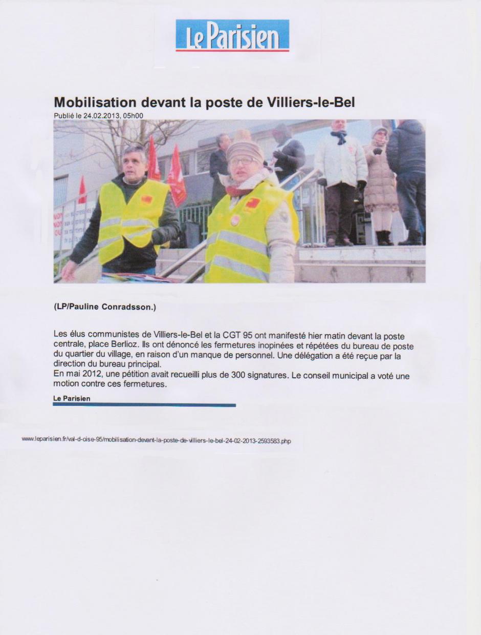 Mobilisation devant la poste de Villiers le Bel, le Parisien 95 du 24/02/2013
