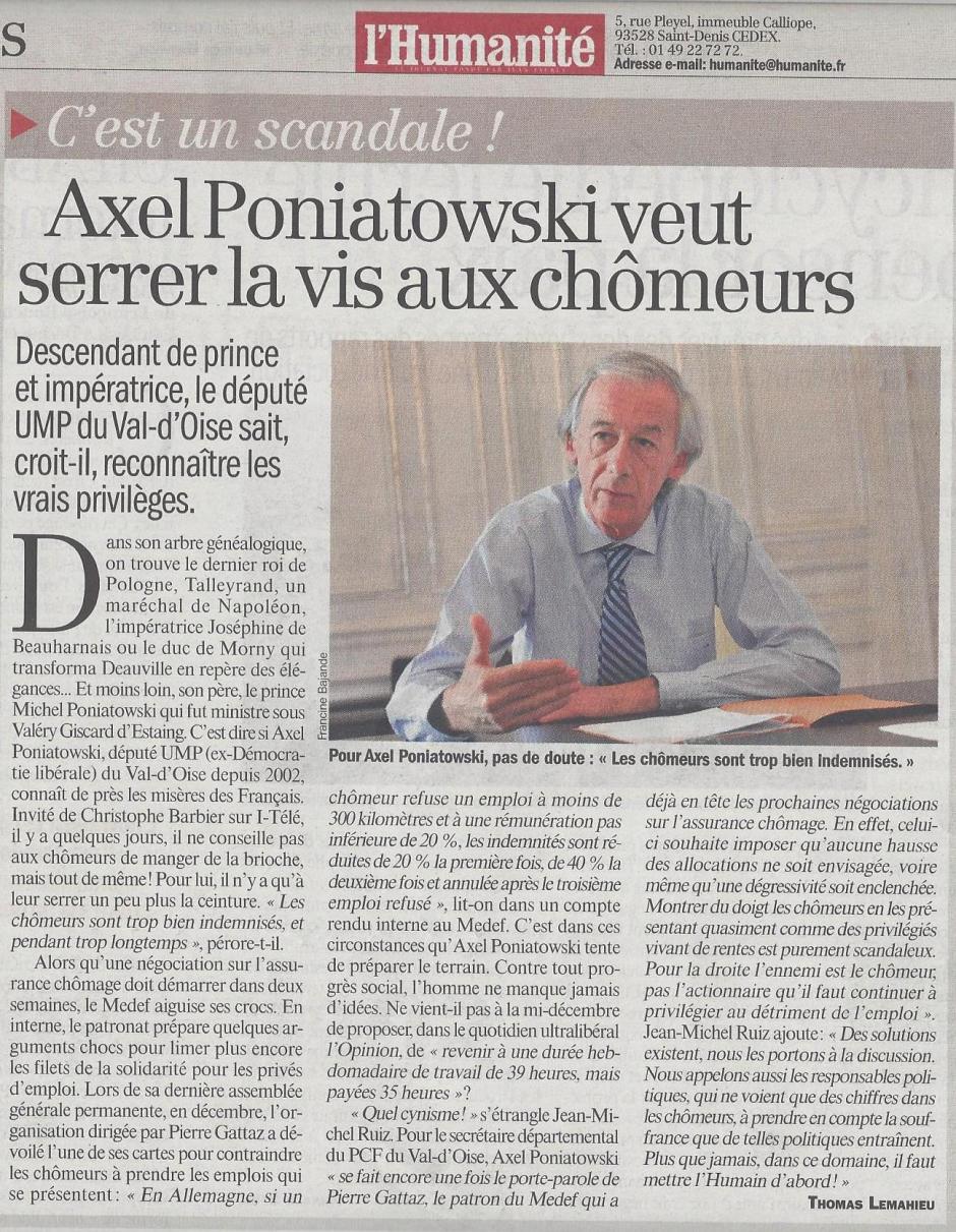 Axel Poniatowski veut serrer la vis aux chômeurs. L'Humanité du 07/01/2014