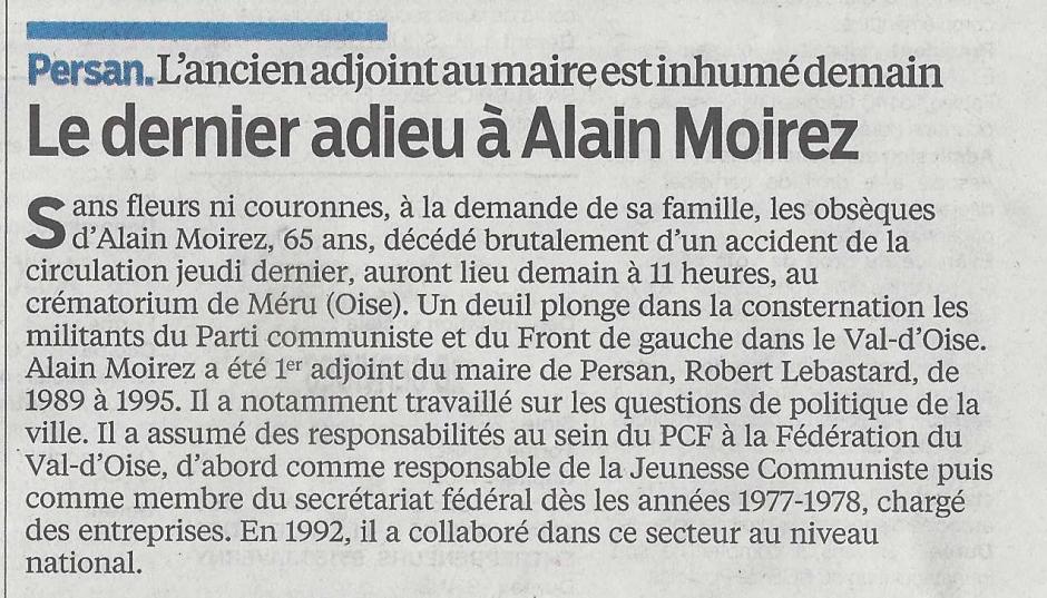 Hommage à Alain Moirez, le Parisien 95 du 3 juillet