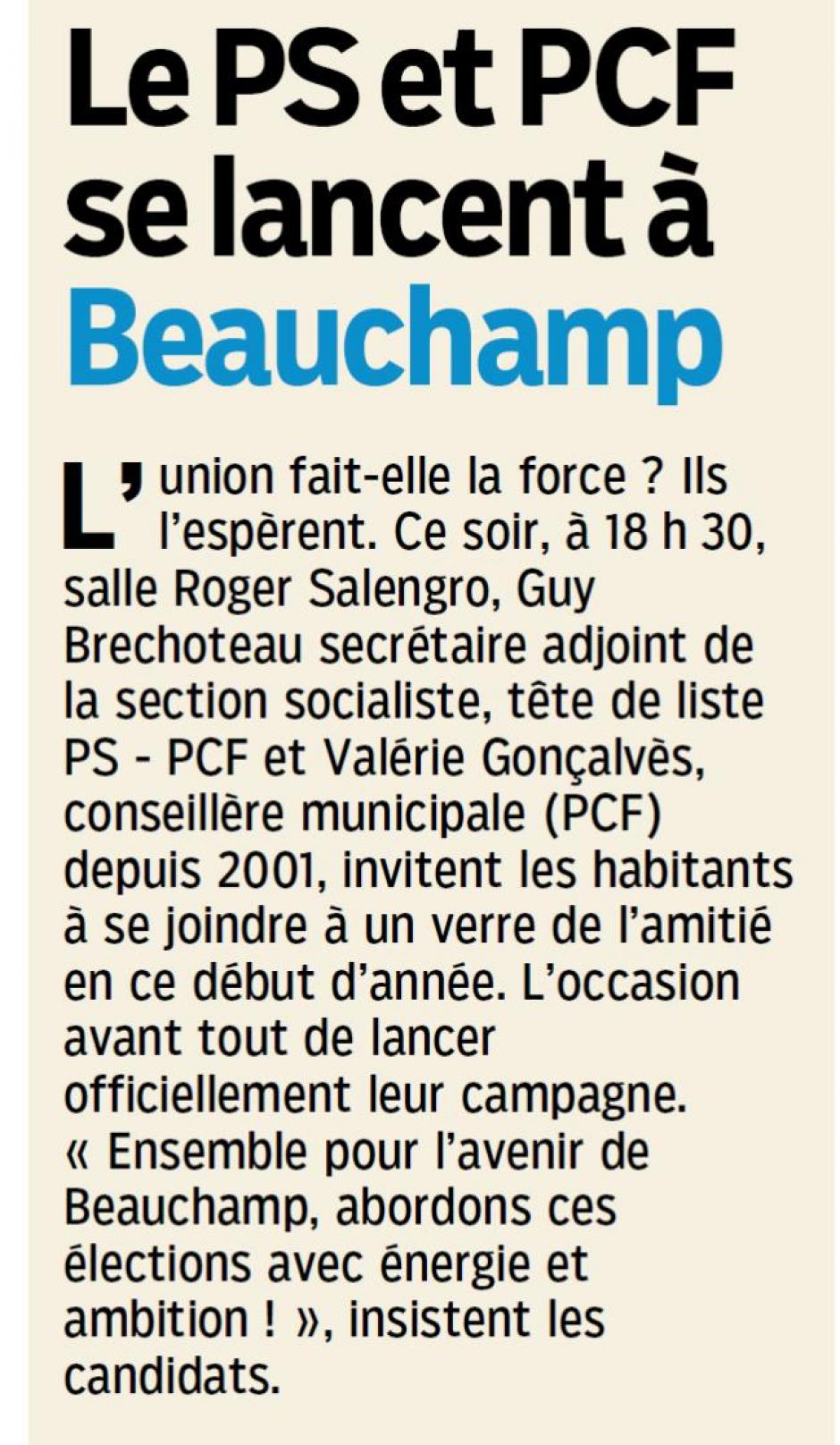 Le PS et le PCF se lancent à Beauchamp. Le Parisien 95 du 10/01/2014