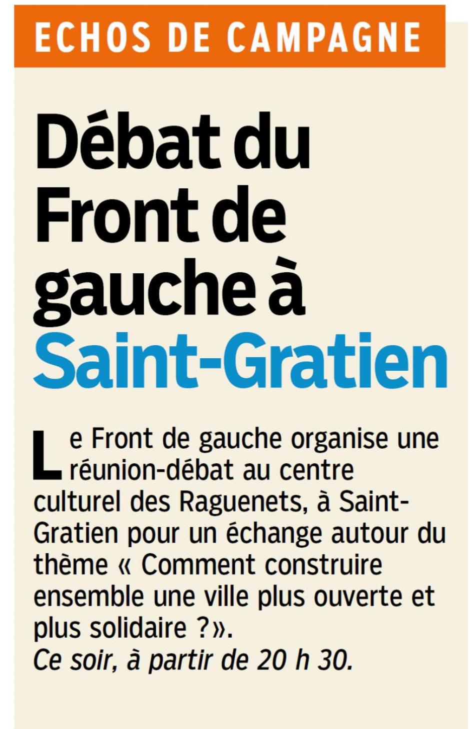 Débat du Front de gauche à Saint-Gratien. Le Parisien 95 du 10/01/2014