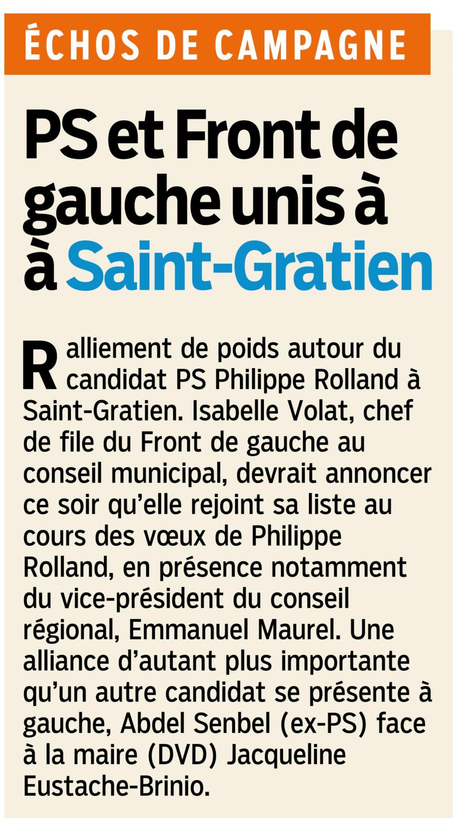 PS et Front de Gauche unis à Saint-Gratien. Le Parisien 95 du 14 janvier 2014
