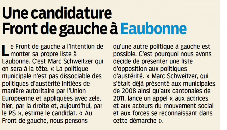 Une candidature Front de Gauche à Eaubonne. Le Parisien 95 du 17 décembre 2013