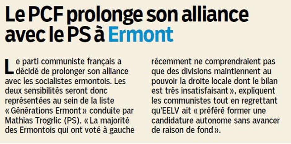 Le PCF prolonge son alliance avec le PS à Ermont. Le Parisien 95 du 18 décembre 2013