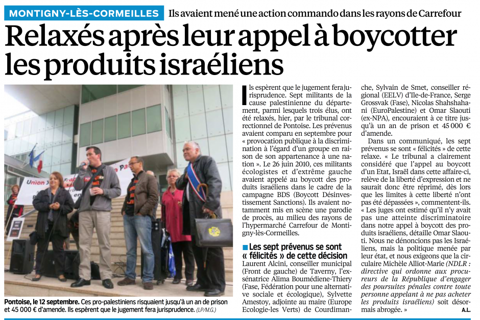 Relaxés après leur appel à boycotter les produits israéliens, le parisien 95 du 21 décembre