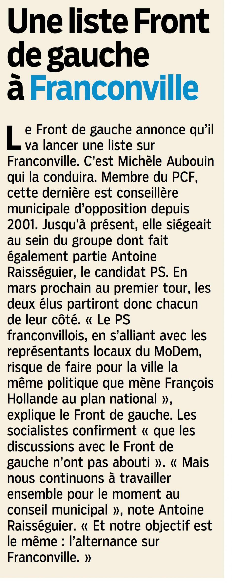 Une liste Front de gauche à Franconville. Le Parisien 95 du 27 décembre