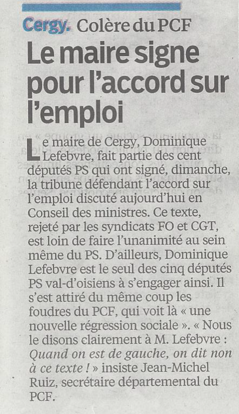 Cergy : colère du PCF, le Parisien 95 du 6 mars 2013