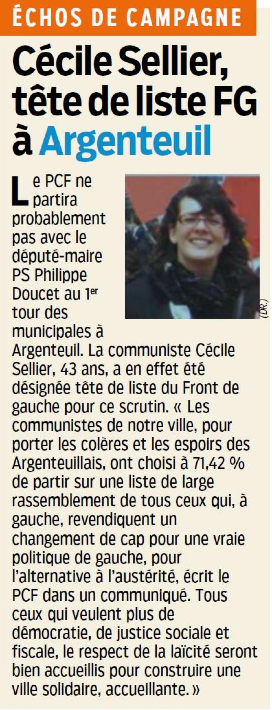 Cécile Sellier tête de liste FG à Argenteuil, le Parisien 95 du 10/12/2013