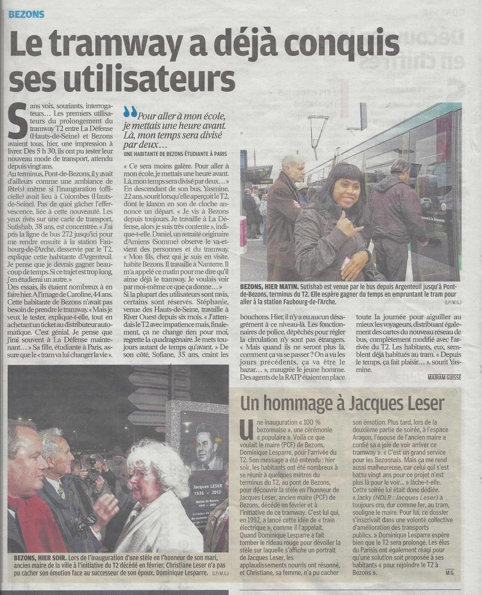 Le tramway à Bezons, un hommage à Jacques Leser. Le Parisien 95 du 20/11/2012