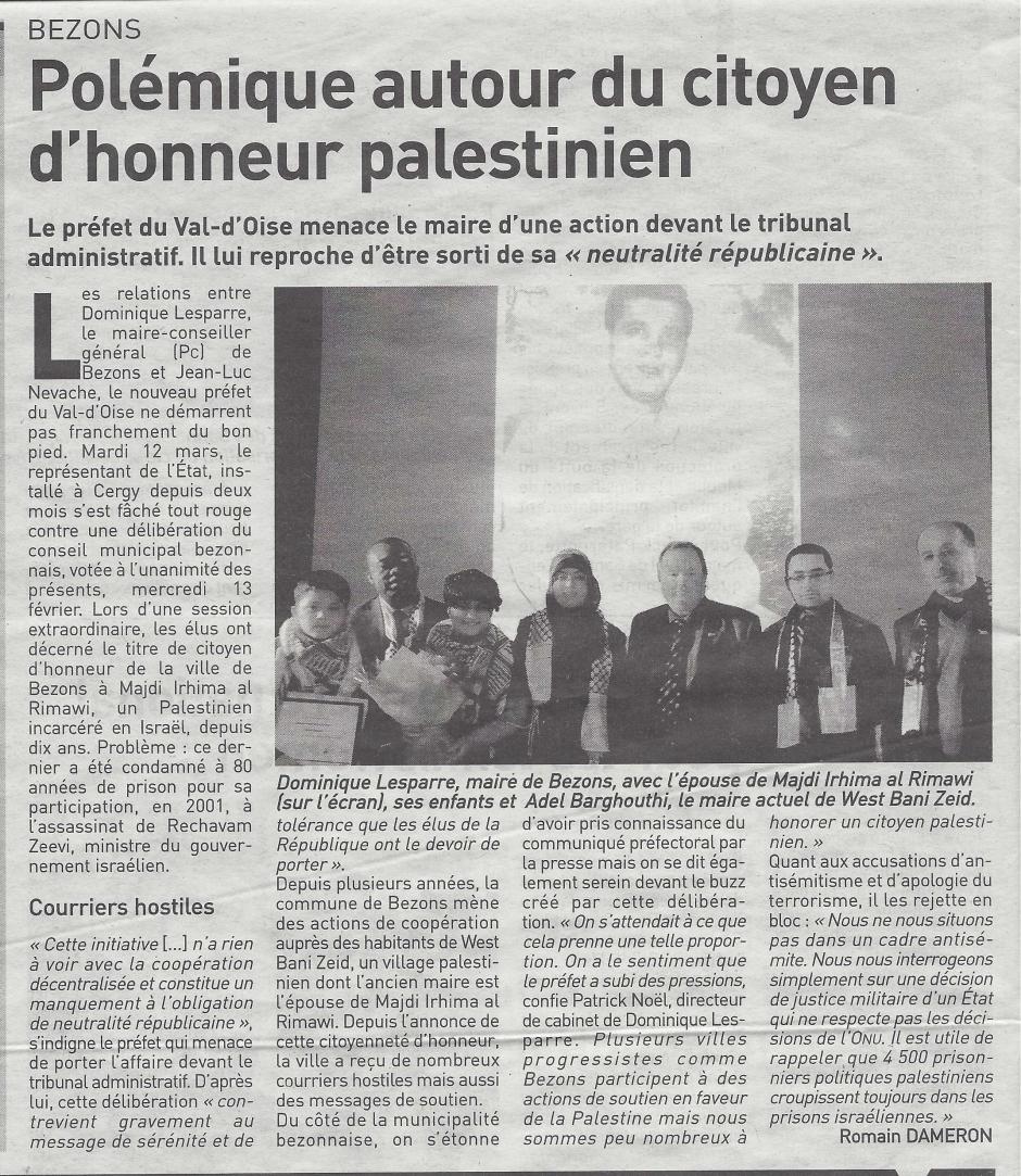Polémique autour du citoyen d'honneur palestinien, l'Echo du 14 mars
