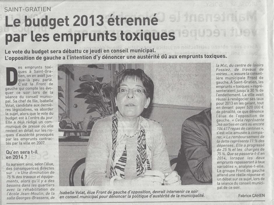 Le budget 2013 étrenné par les emprunts toxiques, l'Echo du 20/12/2012