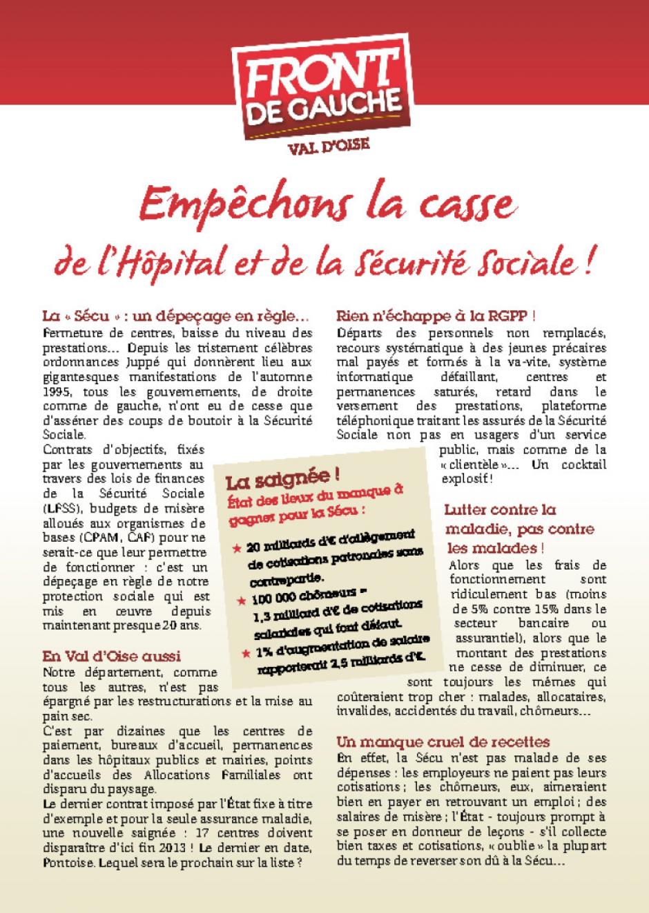 Dernier tract Front de Gauche Val d'Oise : hôpital et Sécurité sociale