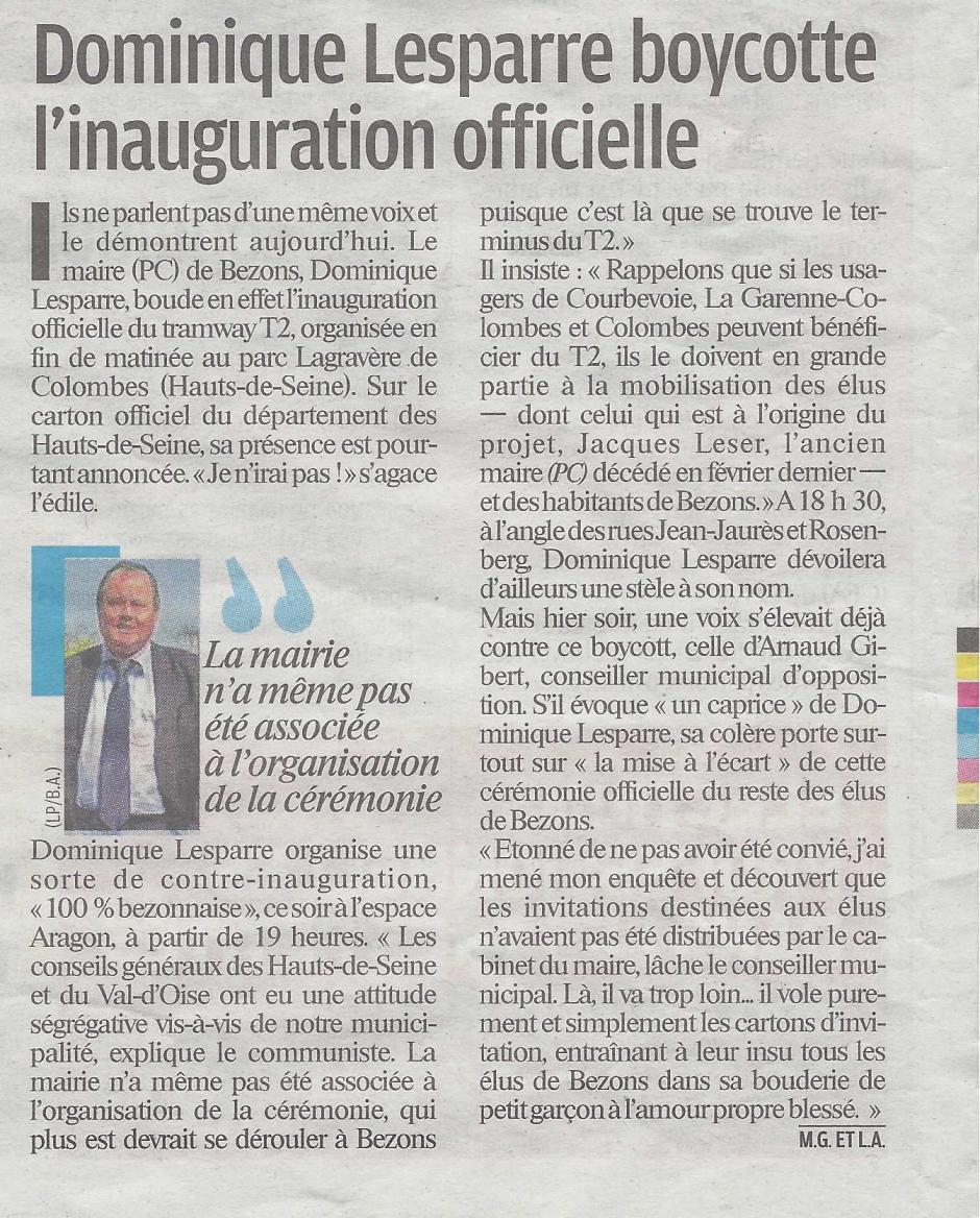 Dominique Lesparre boycotte l'inauguration officielle, le Parisien 95 du 19/11/12